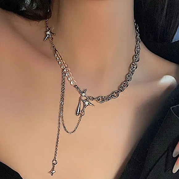 Silver North Star Beaded Chain Link Punk Necklace - Picture 9 of 13